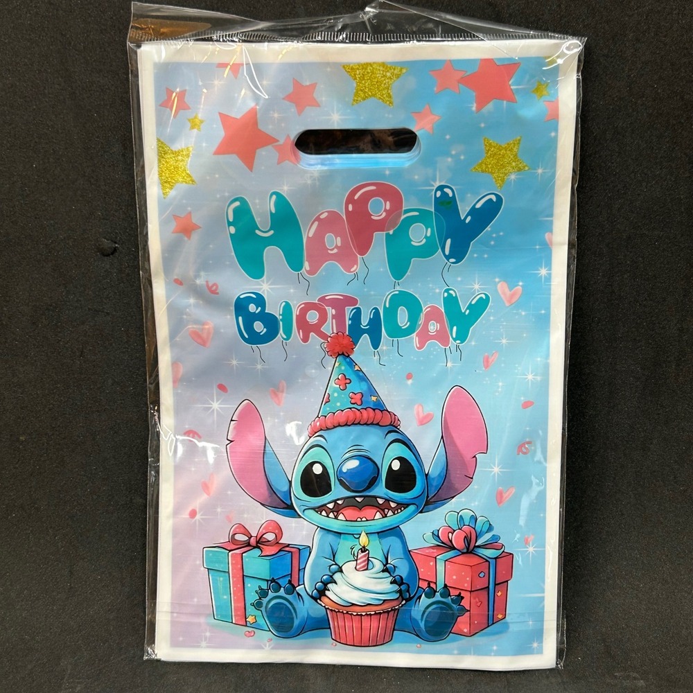 30 Pack Stitch Happy Birthday Party Favor Bags Blue Plastic Gift Goody Bags